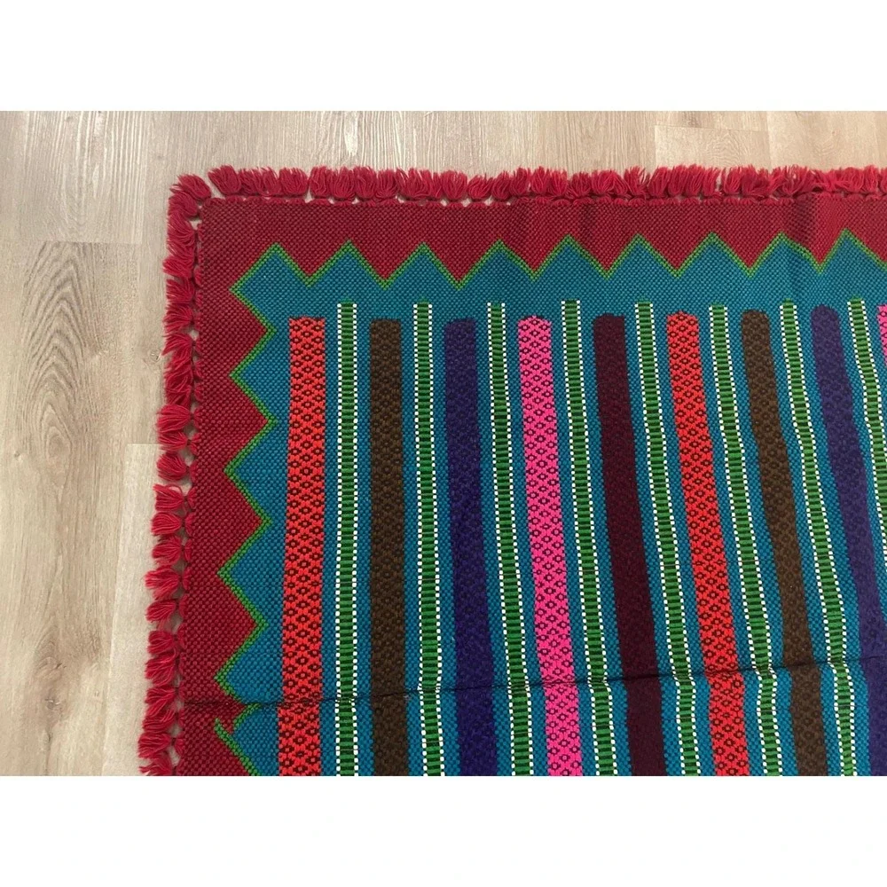 Vintage Mayan Blanket Rug Guatemalan‎ Mexican Wool Frazada Striped Fringe